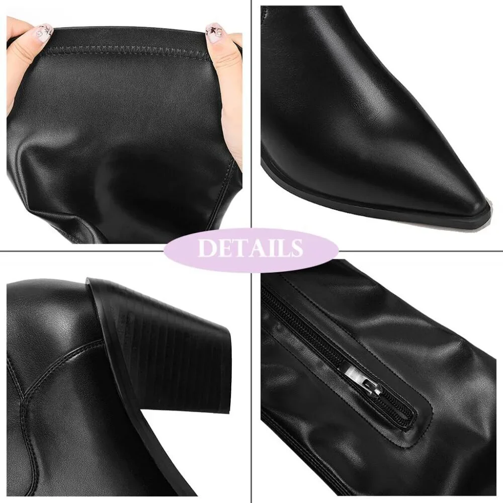 Women's Black Leather High thigh Stylish  Knee Pointed Toe Cowboy Boots